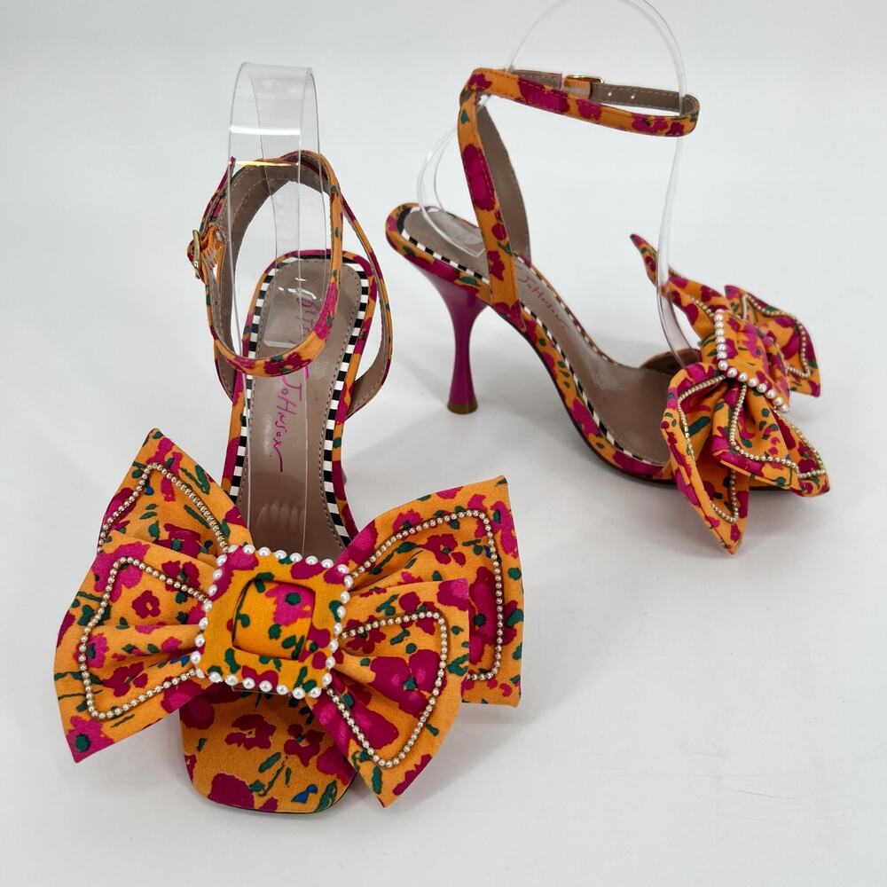 Betsey Johnson Denly Bow Dress Sandals Womens 6.5 Orange Pink Heels Embellished